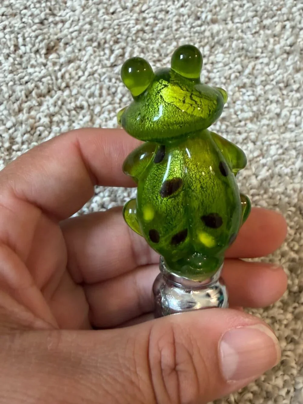 Hand Blown Art Glass Frog Wine Bottle Stopper Green Glass Frog Chrome Barware
